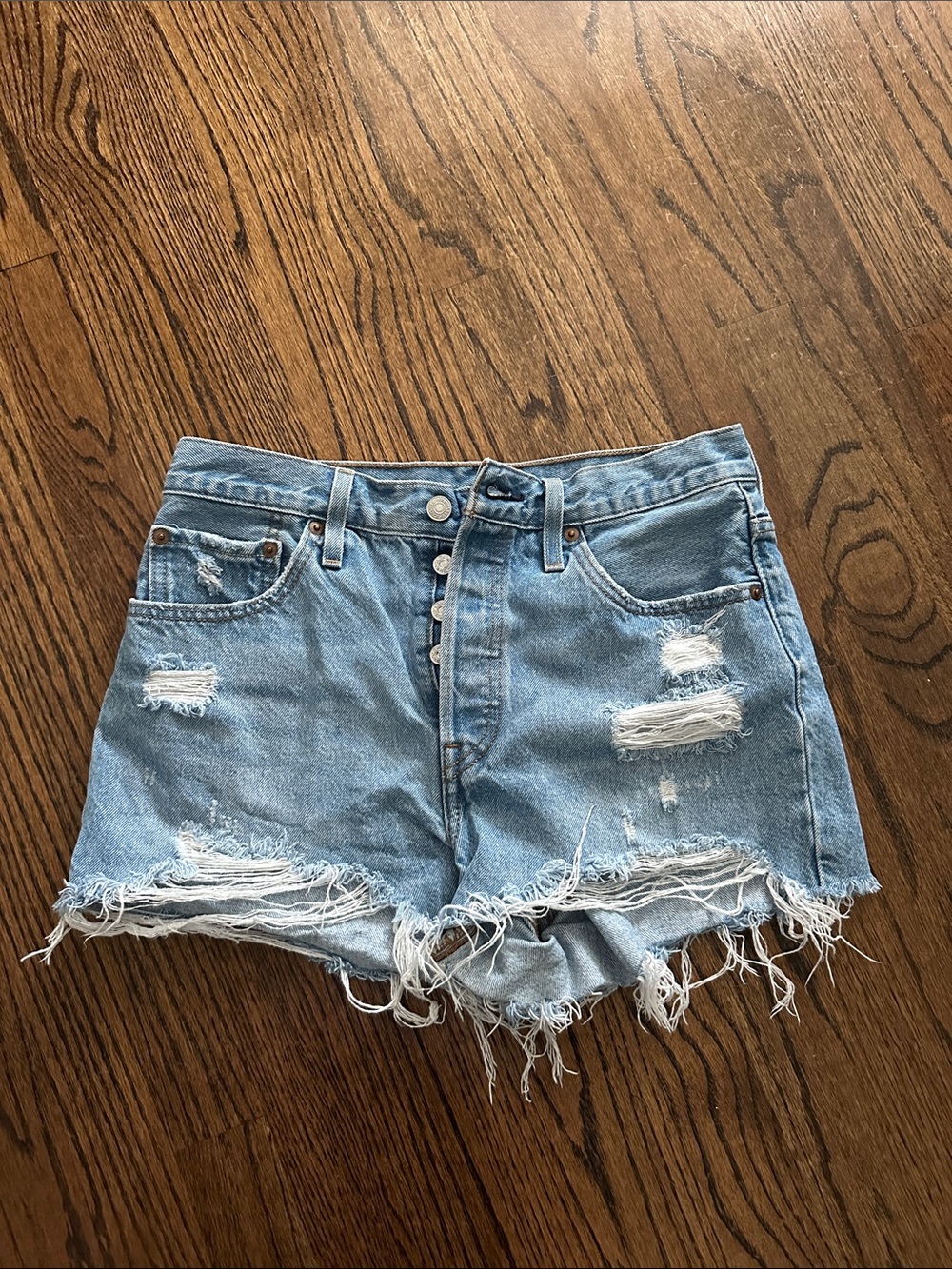 Levi's 501 Light Blue Distressed Denim Cutoff Shorts